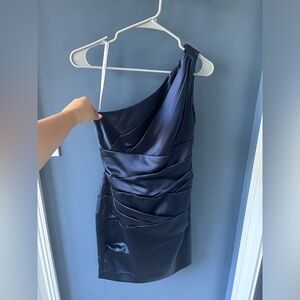 david’s bridal one shoulder navy blue dress